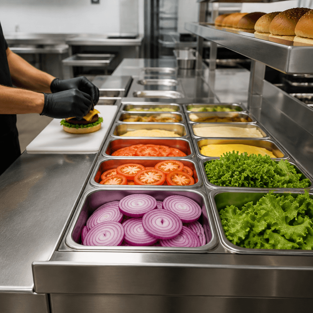 Mesa condimentadora de inox organizada em linha de montagem de cozinha industrial.