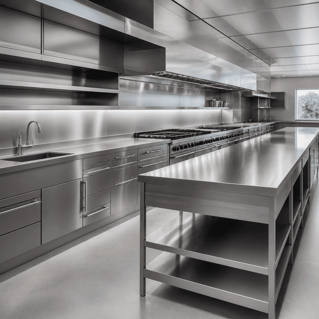 Linha de montagem planejada em aço inoxidável para cozinha industrial.