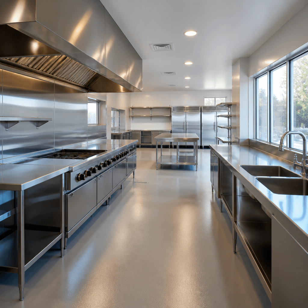 Equipamentos de aço inoxidável instalados em uma cozinha industrial moderna.