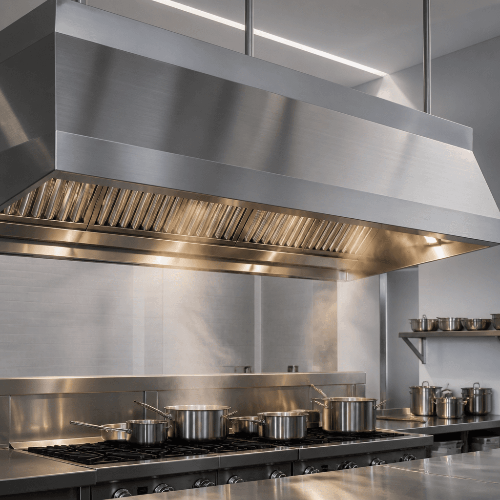 Coifa industrial de inox instalada sobre equipamentos em cozinha profissional.